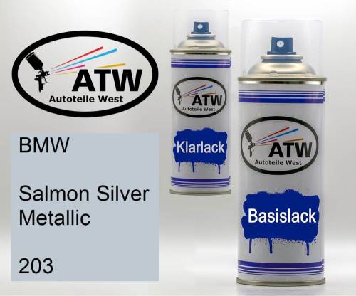 BMW, Salmon Silver Metallic, 203: 400ml Sprühdose + 400ml Klarlack - Set, von ATW Autoteile West.